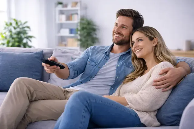 A family watching SmixIPTV on the living-room television